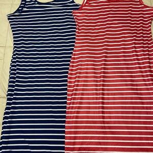Striped Sleeveless Dresses - Navy and Red